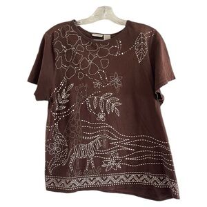 ERIKA(Petites)Women’s Brown Africa Themed Graphics Embellished Cotton Tee-SizePL